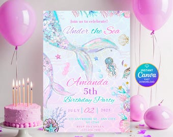 Editable Mermaid Birthday Invitation Template, Under the Sea Birthday Invitation, Mermaid Party Invites, Mermaid Invitation, DDN-231