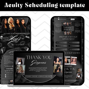 May include: Acuity Scheduling template for a hair salon, displayed on a phone and laptop. The design is black and white, featuring images of hairstyles and the text "Hair by Sophia." The laptop screen says "Thank You Gorgeous."