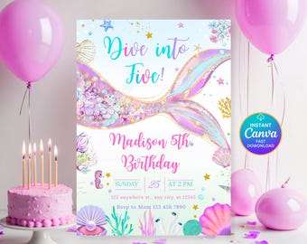 Dive into Five 5th Birthday Mermaid Invitation, Mermaid Bash Under the Sea Birthday Invite, Pink Blue Mermaid Invites, Editable Canva DDN248