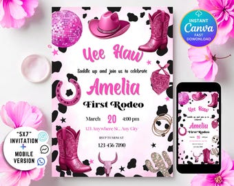 Edytowalne zaproszenie na przyjęcie urodzinowe w stylu różowej kowbojki, przyjęcie Yee Haw Cowgirl, urodziny rodeo, zaproszenie na urodziny kosmicznej kowbojki, szablon Canva