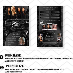 May include: A black and white promotional flyer for a hair stylist, featuring four women with long hair. The flyer includes text such as "Hair by Sophia" and "Thank You Gorgeous". It also provides instructions for purchasing and personalizing.