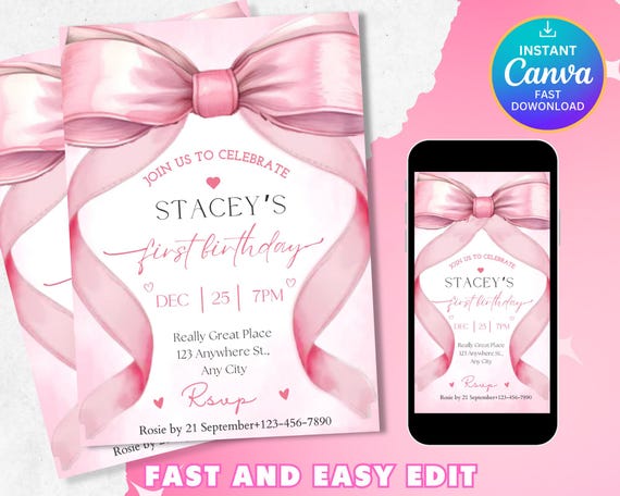 Editable Coquette Pink Bow Birthday Invitation, Pink Bow Birthday Invitation, Ribbon Birthday Invitation, Pink Coquette Bow Invite