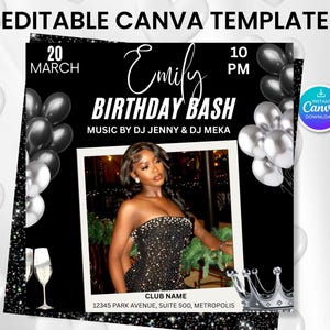 May include: Black and white birthday party invitation template with the text "Emily Birthday Bash". The design includes balloons, a photo, and a crown. The Canva template is available for instant download.