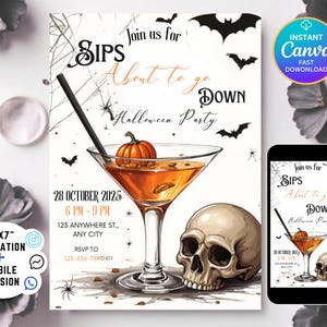 Halloween Sip about to go down Invitation, Adult Halloween Party Invitation, Halloween Costumes and Cocktails Invitation, EDITABLE Canva