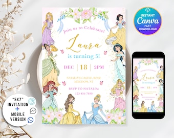 Watercolor Princess Birthday Invitation, Girls Birthday Invite, Editable Canva Template, Printable Invite