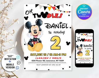 Oh Twodles Einladung, Mickey Geburtstagseinladung, Mickey Mouse Einladungen, Maus bearbeitbare Einladung, Mickey Twodles einladen, Canva