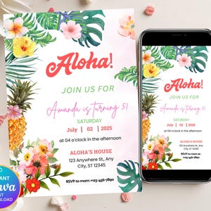 Editable Pineapple Birthday Invitation Template Tropical Aloha Birthday Invitation Hawaiian Party Invite For Girls Instant Download Canva DN