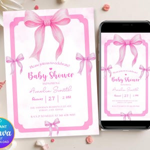 May include: A pink baby shower invitation with a watercolor bow design. The invitation includes the text "Baby Shower" and details for Amelia Smith's shower on August 27th at 2 PM. A smartphone displays the same invitation.