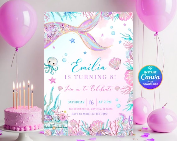 Mermaid Tail Birthday Invitation, Mermaid Bash Under the Sea Birthday Invite, Mermaid Party Invites, Editable Whimsical Birthday Party DDN