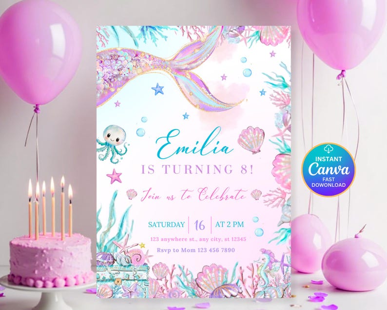 Peut inclure: Une invitation d'anniversaire sur le th&egrave;me des sir&egrave;nes, aux couleurs rose et turquoise. L'invitation pr&eacute;sente une queue de sir&egrave;ne, des coquillages et une illustration de poulpe. Le texte indique "Emilia a 8 ans !" et comprend les d&eacute;tails de l'&eacute;v&eacute;nement. Des ballons roses et un g&acirc;teau avec des bougies sont &eacute;galement visibles.