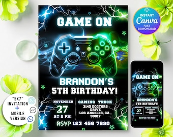 Invito per festa a tema videogiochi, invito di compleanno Level Up, invito di compleanno Green Gamer, modello Gamer Boy, modello Canva modificabile DDN