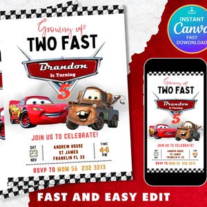 Invitation fête d'anniversaire voitures, Anniversaire Lightning Mcqueen, Invitation fête voitures, deuxième anniversaire, Deux voitures rapides, 2 voitures
