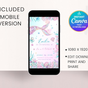 Peut inclure: Un smartphone affiche une invitation d'anniversaire sur le th&egrave;me des sir&egrave;nes. Le design comprend une queue de sir&egrave;ne, des coquillages et des plantes aquatiques aux couleurs pastel. Le texte "Emilia a 8 ans !" est visible, ainsi que "Version Mobile Incluse".