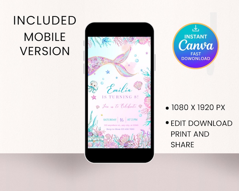 Peut inclure: Un smartphone affiche une invitation d'anniversaire sur le th&egrave;me des sir&egrave;nes. Le design comprend une queue de sir&egrave;ne, des coquillages et des plantes aquatiques aux couleurs pastel. Le texte "Emilia a 8 ans !" est visible, ainsi que "Version Mobile Incluse".