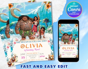 Digital Invitations Moana Birthday | Editable Hawaiian Invite Template | Kids Party Digital Download | Instant Access | Moana Kids Birthday