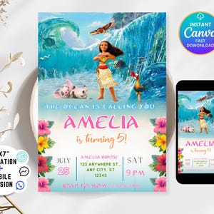 Editable Moana Birthday Invitation, Printable Digital Hawaiian Moana Birthday Invitation, Kids Theme Party Template Invite, Instant Download