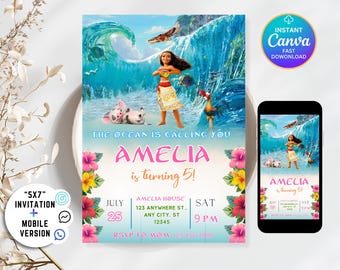 Editable Moana Birthday Invitation, Printable Digital Hawaiian Moana Birthday Invitation, Kids Theme Party Template Invite, Instant Download