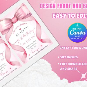 May include: Pink and white printable invitation with a pink bow and the text "Join us to celebrate Stacey's first birthday" with the date and time "Dec | 25 | 7PM". The invitation is 5x7 inches and can be edited, downloaded, printed, and shared.