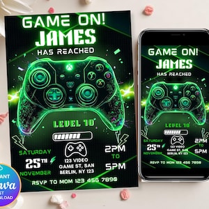 May include: A digital invitation featuring a neon green video game controller design. The text reads "GAME ON! JAMES HAS REACHED LEVEL 10". Includes event details and a Canva logo. A smartphone displays the same design.