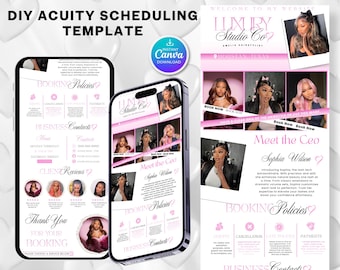 May include: A digital template for Acuity Scheduling, featuring a pink and white design. The template includes sections for booking policies, business contacts, and client reviews. The text includes "Luxury Studio Co" and "Meet the CEO Sophia Wilson".