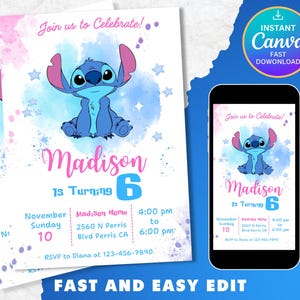 Editable Stitch Birthday Invitation Template, Printable Birthday Party Invitations, Digital Kids Party Invite Boys & Girls Bday Card Evite