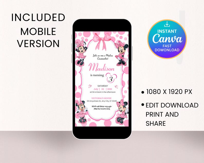 Editable Pink Minnie Mouse Birthday Invitation, Watercolor Girls ...