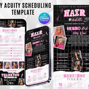 May include: A digital template for hair salon scheduling, with a black and pink design. The template includes booking policies, contact information, and client reviews. The text reads "Hair by Isabella" and "Hello Babe".