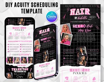May include: A digital template for hair salon scheduling, featuring a black and pink design. The template includes booking policies, contact information, and client reviews. The text reads "Hair by Isabella" and "Hello Babe".