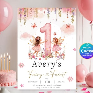 May include: A pink birthday party invitation with a fairy theme. The invitation features the number one, two fairies, butterflies, and floral accents. The text reads "Avery's Fairy First" with event details. Pink balloons and a cake with candles are in the background.