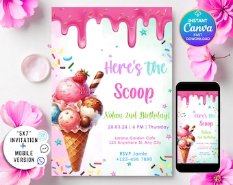 Ice Cream Birthday Invitation for Girl Birthday Invite, Ice Cream Invitation, Here's the Scoop Pink Purple Mint, Ice Cream Party Invitation