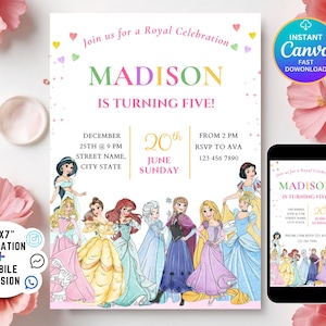 Princess Invitation Princess Birthday Invitation Belle Party Frozen Watercolor Ariel Editable Invitation Cinderella Rapunzel Snow White
