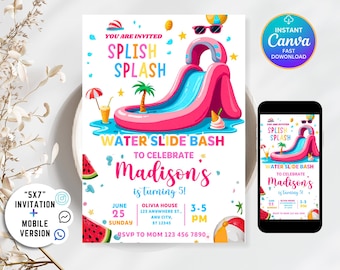 Water Slide Birthday Invitation, Water Slide Invitation, Summer Pool Party Splish Splash Invites, 5x7 Canva