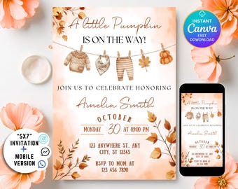 Ein kleiner Kürbis ist auf dem Weg Babypartyeinladung, Herbstkürbis-Babyparty einladen, Kürbiseinladung, Herbst-Babyparty, bearbeitbare Canva