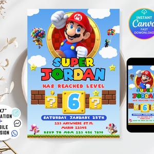 Convite de aniversário do Super Mário, convite do Mario Bros, convite do Super Boy, videogame, convite infantil, modelo editável, Canva editável