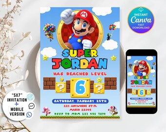 Invitación de cumpleaños de Super Mario, invitación de Mario Bros., invitación de Super Boy, videojuego, invitación para niños, plantilla editable, Canva editable