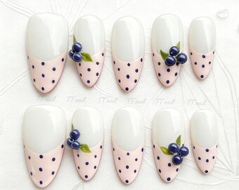 Handmade 3D Blueberry Cream | Polka Dot Almond French Reusable Fruit Art Nails | Garden Party