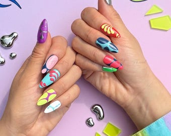 Abstract Lava Lamp Almond Nails | Retro Y2K Liquid Metal, Psychedelic Chrome Neon Set