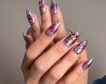Hand-Painted Pink Zebra Stripe Press On Nails 3D Cherry Charms | Y2K Glitter Shimmer Fingernails