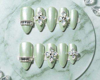 Sage Green Chrome Press on Nails | 3D Crystal Flower Elegant Royal Core Fingernails
