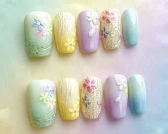 Pastel Floral Press On Nails | Ombre Glitter Garden Nail Art, Handpainted Cottagecore Fake Nails