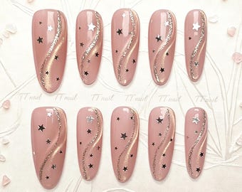 Nude Pink Cat Eye Press on Nails | Brown Velvet Starry Nails | Handmade Celestial Galaxy Nails | Luxury Reusable Almond Glue on Nails