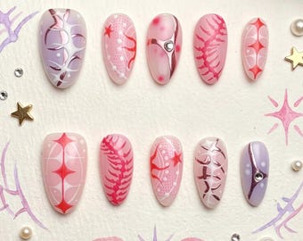 Y2K Pink Cyber Sigilism Press-On Nails | Rose Gold Chrome Tribal Art