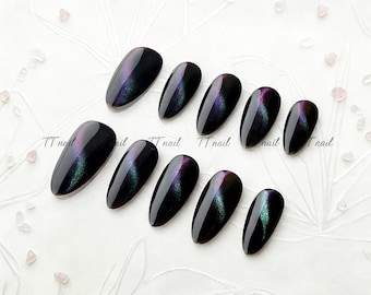 Black Cat-Eye Almond Nails | Galaxy Magnetic Velvet Mystic Universe