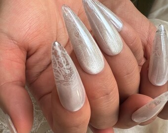 Handmade White Lace Press On Nails | Iridescent Shimmer Bridal Coquette Style