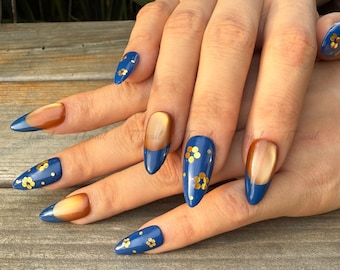 Royal Blue Magnetic Cat Eye Nails with Gold Flower Art | French Tip Press-ons