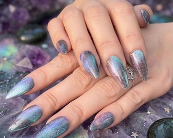 Galaxy Magnetic | Purple Teal Cat Eye | Dark Iridescent Shimmer Glue on Nails