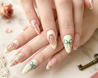 Vintage French Rose Floral Press-On Nails | Chic Coquette, Green Ribbon, Gold Frames