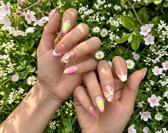 Neon Aura & 3D Bow  | Pink Green Gradient | Hawaii Beach Summer Holiday | Cyber Fairy Nails