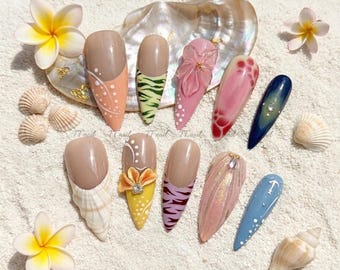 3D Floral Seashell Nails | Pink Green Gradient, Zebra Patterns, Tropical Vacation Mani
