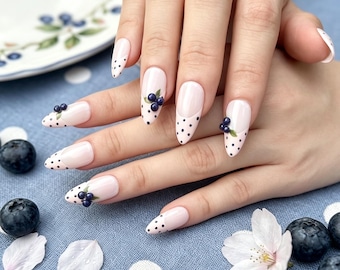 Handmade 3D Blueberry Cream | Polka Dot Almond French Reusable Fruit Art Nails | Garden Party